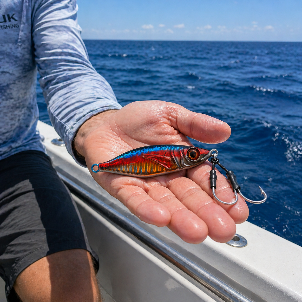 ReefStrike slow pitch jig Red Mackerel held in hand while sitting on a boat in open ocean, showing size reference with silver assist hooks positioned at the head
