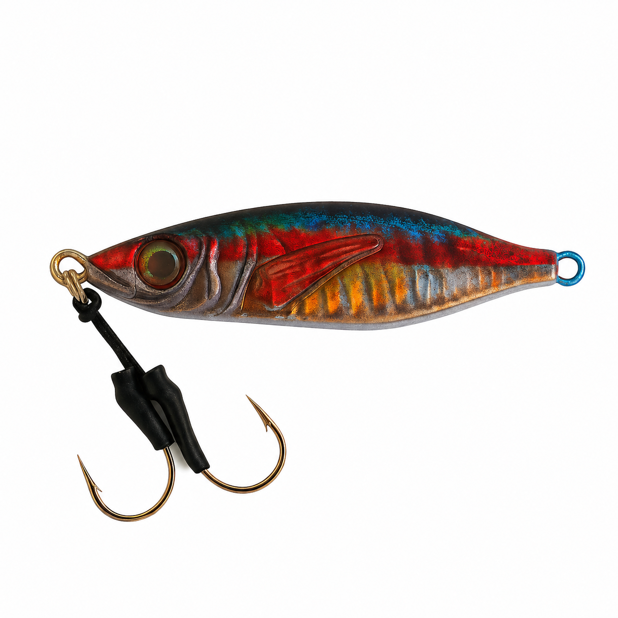 ReefStrike slow pitch jig Red Mackerel with red, blue, and gold finish, rigged with dual assist hooks for snapper and grouper offshore fishing
