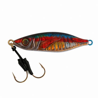 ReefStrike slow pitch jig Red Mackerel with red, blue, and gold finish, rigged with dual assist hooks for snapper and grouper offshore fishing