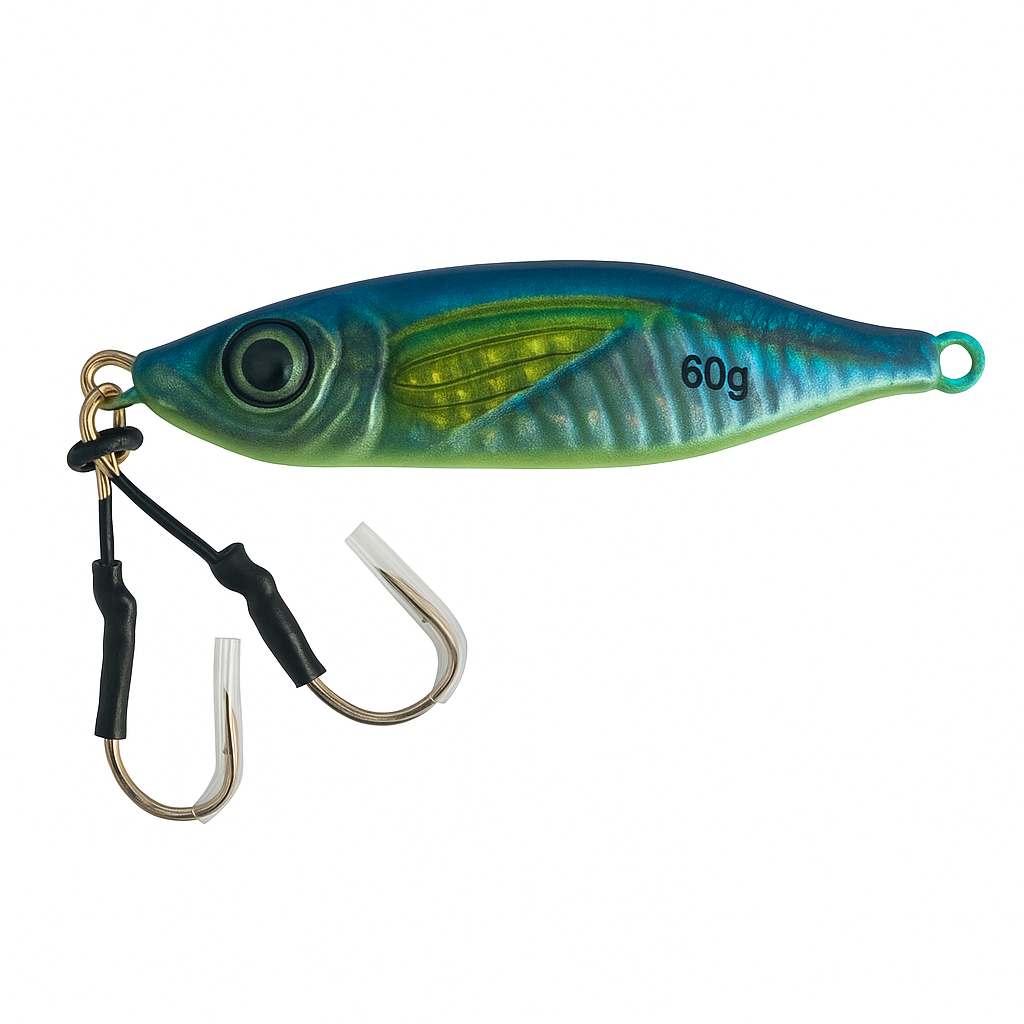 ReefStrike Slow Pitch Jig Reef Lime 60g with dual assist hooks on white background, blue green body with yellow fin and metallic finish for saltwater fishing