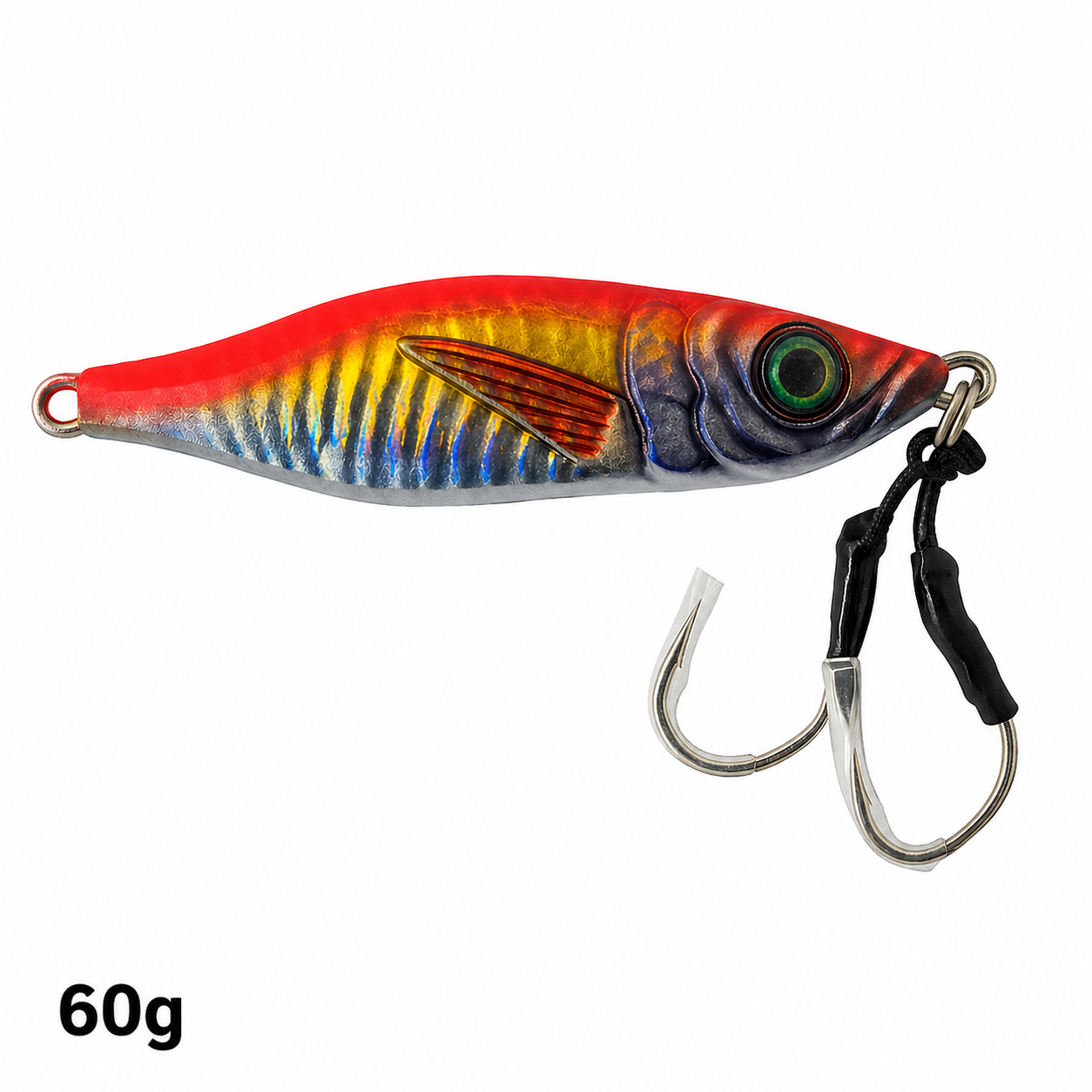 ReefStrike slow pitch jig Sunburst 60g flipped orientation with red, gold, and blue finish, rigged with dual assist hooks for snapper and grouper offshore fishing