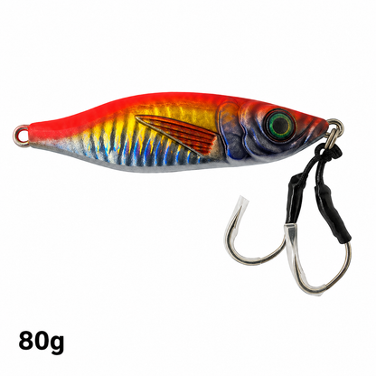 ReefStrike slow pitch jig Sunburst 80g flipped orientation with red, gold, and blue finish, rigged with dual assist hooks for snapper and grouper offshore fishing