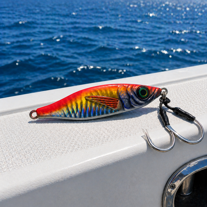 ReefStrike slow pitch jig Sunburst resting on a boat gunwale in open water, rigged with dual assist hooks for snapper and grouper offshore fishing