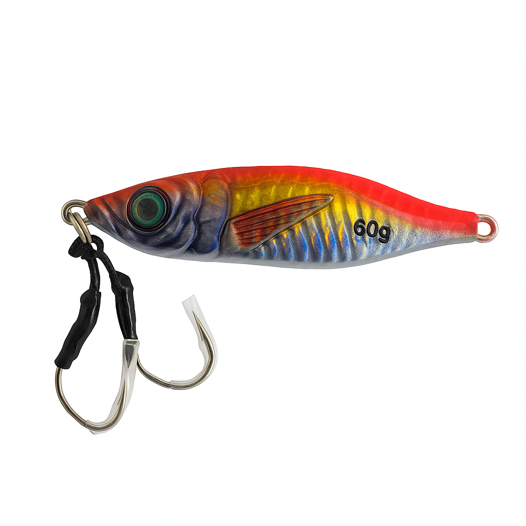 ReefStrike Slow Pitch Jig Sunburst Flash 60g with dual assist hooks on white background, red top with silver body and yellow holographic highlights for saltwater fishing