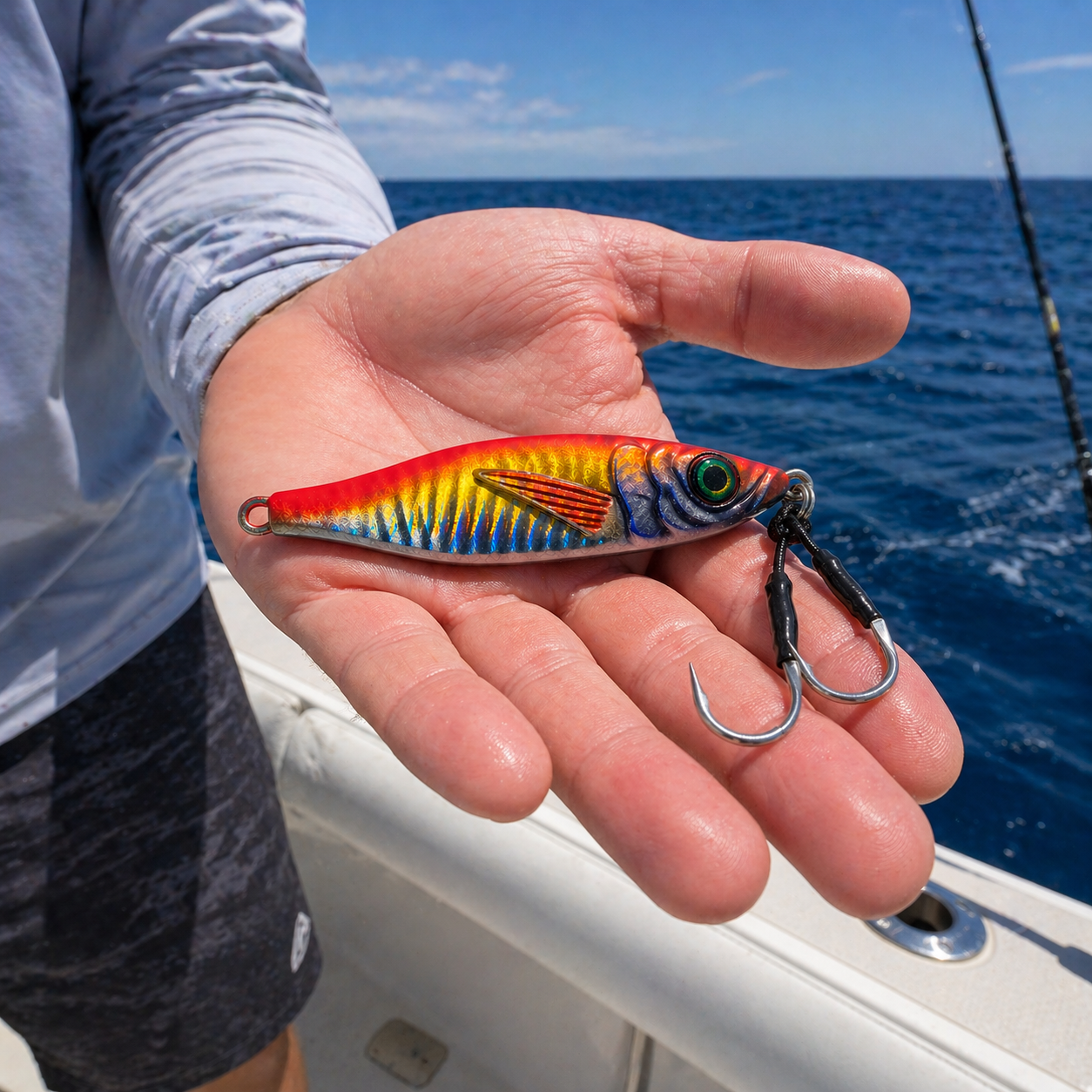 ReefStrike slow pitch jig Sunburst held in hand on a boat with open ocean in background, rigged with dual assist hooks for snapper and grouper offshore fishing