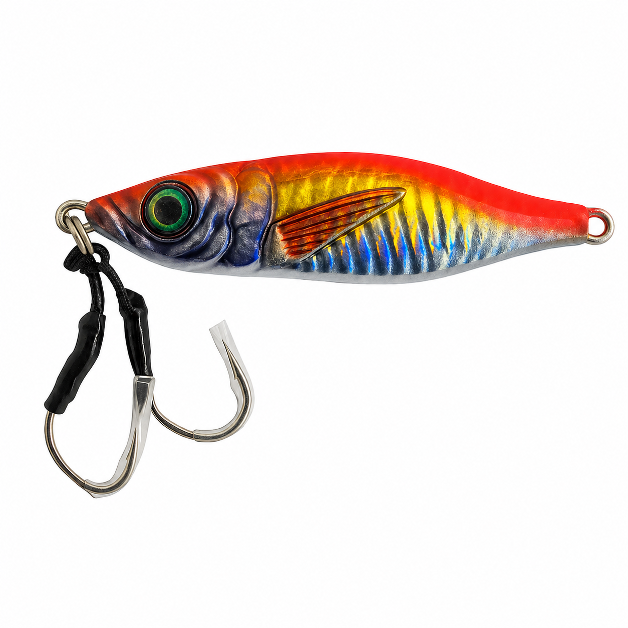 ReefStrike slow pitch jig Sunburst 60g with red, gold, and blue finish, rigged with dual assist hooks for snapper and grouper offshore fishing