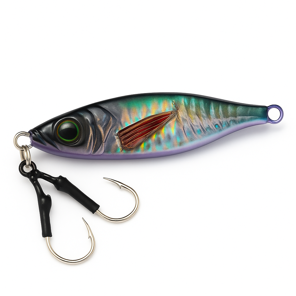 ReefStrike Slow Pitch Jig Violet Shiner 60g with dual assist hooks on white background, dark blue top with holographic silver body and violet belly for saltwater fishing