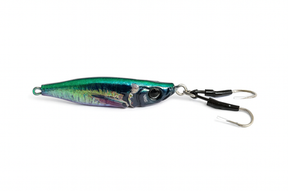 Angled view of ReefStrike Jig Violet Shiner 80g slow pitch saltwater jig showing metallic green and purple finish with twin assist hooks by Outshore Gear