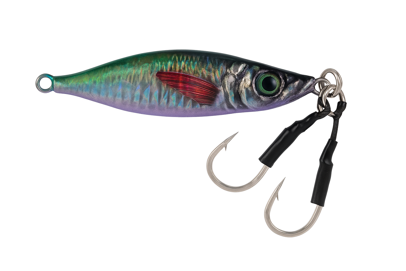 Back view of ReefStrike Jig Violet Shiner 80g slow pitch saltwater jig showing holographic finish and twin assist hooks by Outshore Gear