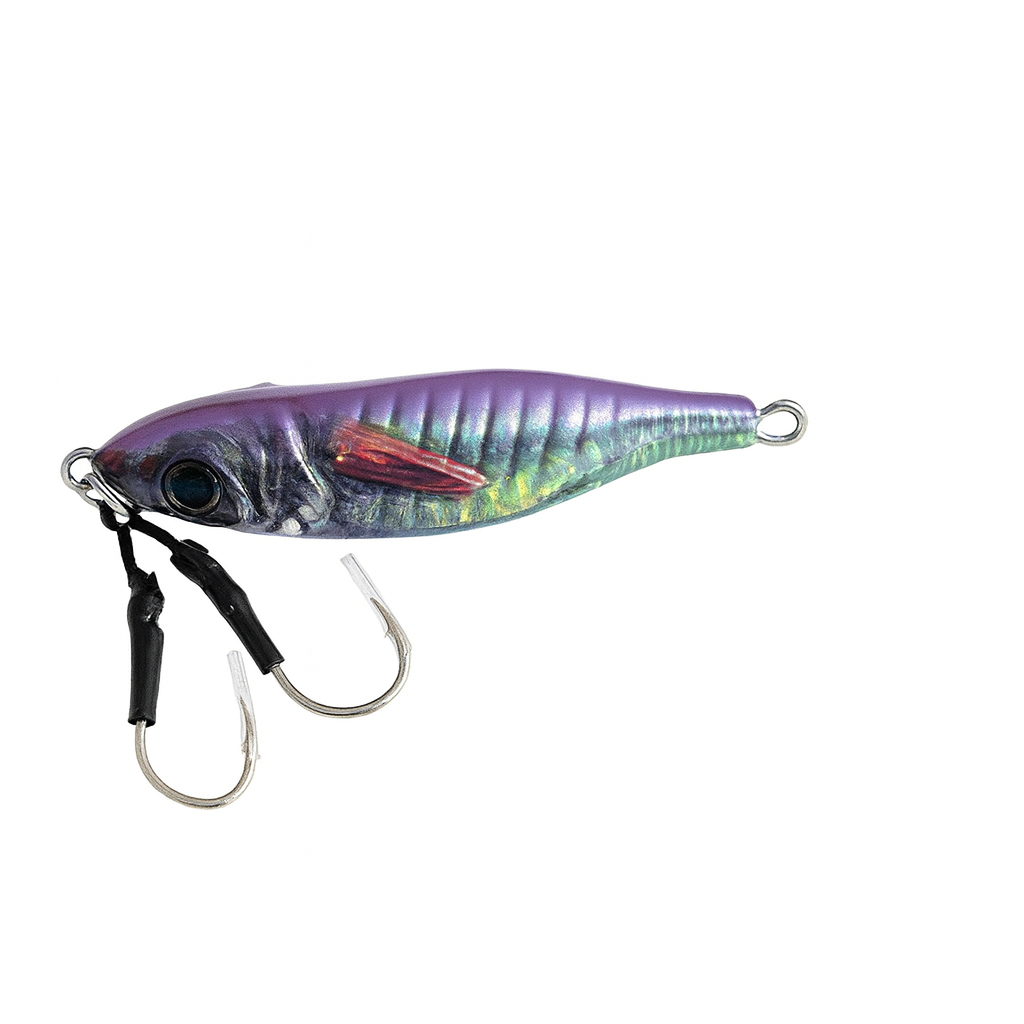 Bottom view of ReefStrike Jig Violet Shiner 80g slow pitch saltwater jig showing purple underside, holographic body, and twin assist hooks by Outshore Gear