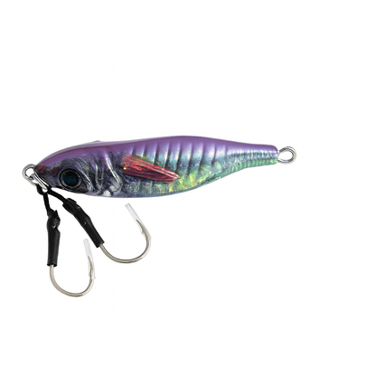 Bottom view of ReefStrike Jig Violet Shiner 80g slow pitch saltwater jig showing purple underside, holographic body, and twin assist hooks by Outshore Gear
