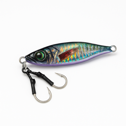ReefStrike Jig Violet Shiner 80g slow pitch saltwater jig with twin assist hooks for snapper and grouper by Outshore Gear