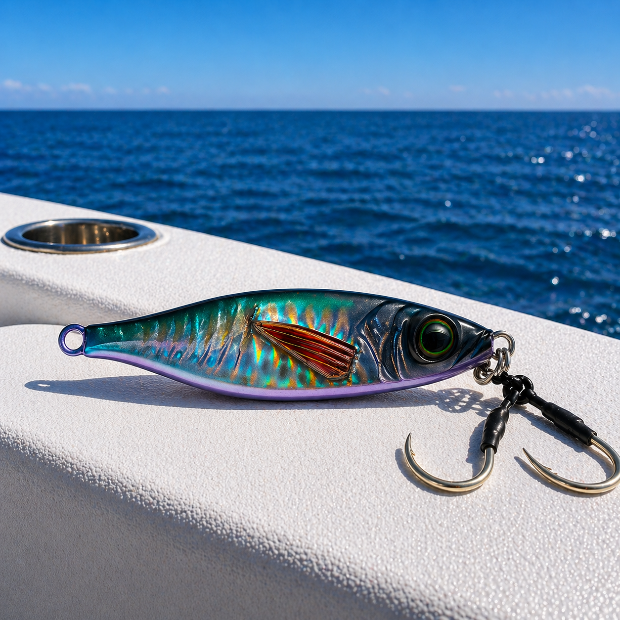 ReefStrike slow pitch jig violet shiner on boat gunwale in offshore open water for snapper and grouper fishing