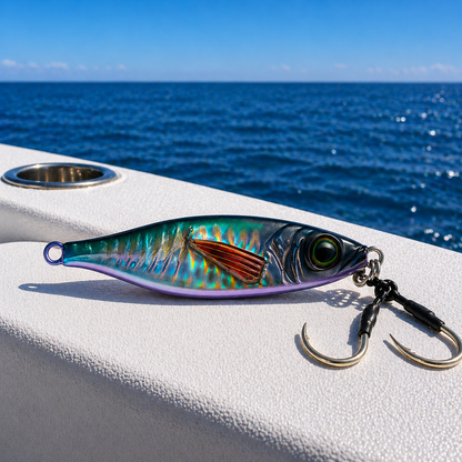 ReefStrike slow pitch jig violet shiner on boat gunwale in offshore open water for snapper and grouper fishing