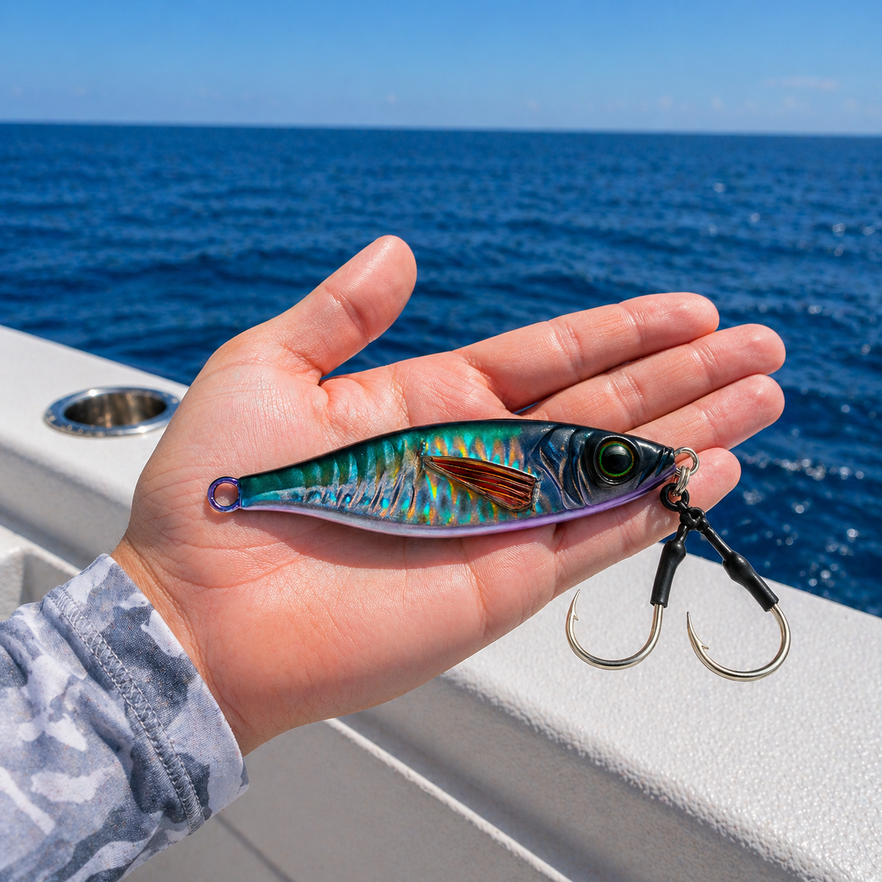 ReefStrike slow pitch jig Violet Shiner held in hand on a boat over open ocean showing size reference for offshore snapper and grouper fishing