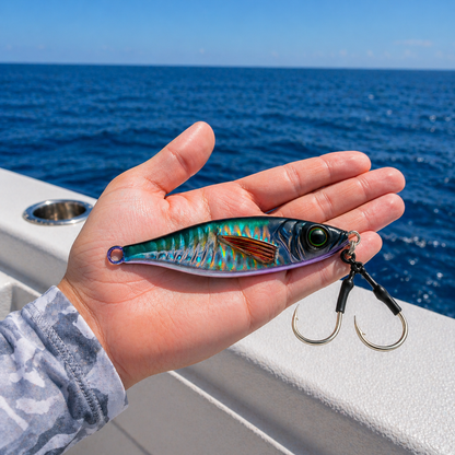 ReefStrike slow pitch jig Violet Shiner held in hand on a boat over open ocean showing size reference for offshore snapper and grouper fishing