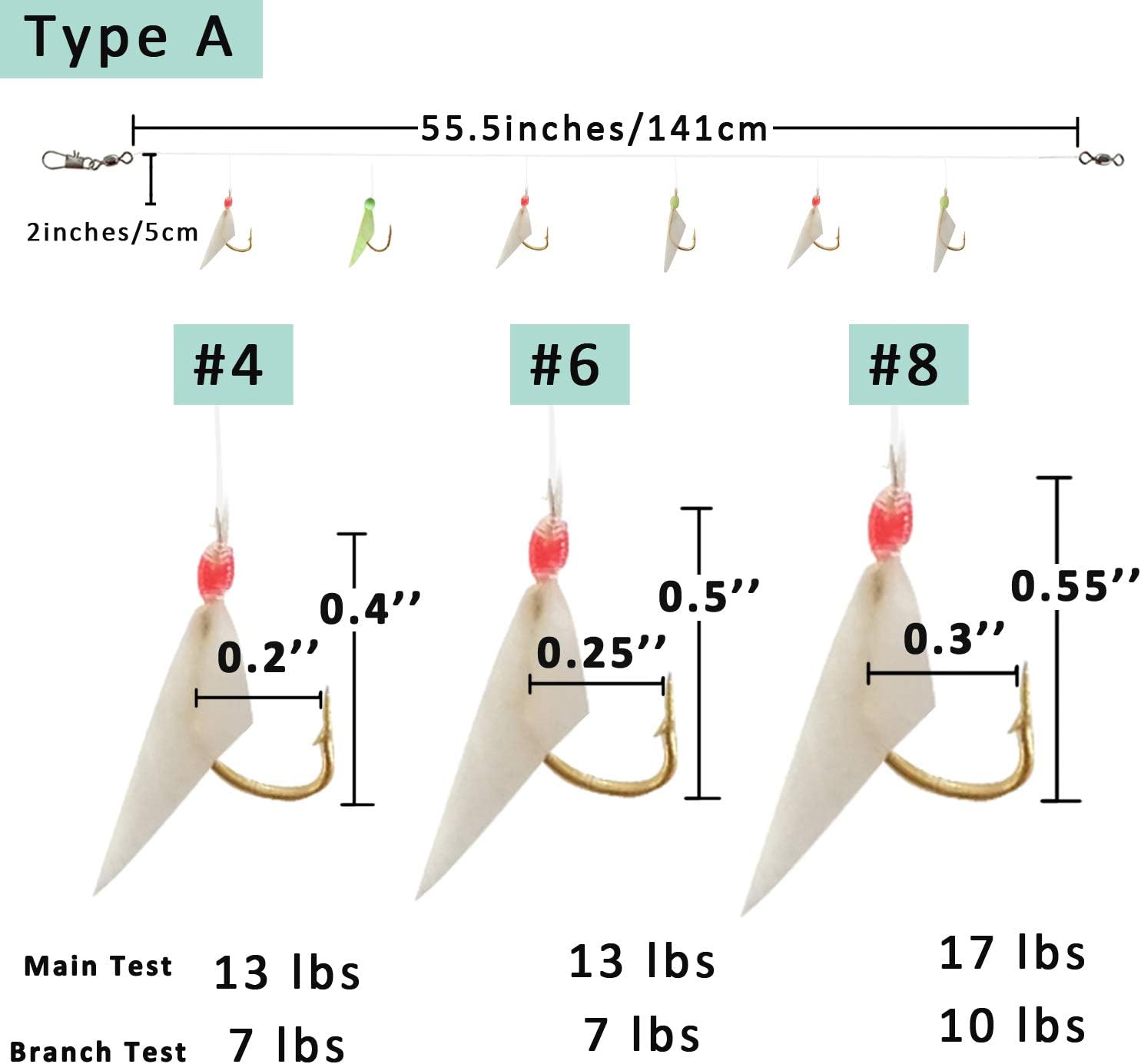 Sabiki rig size chart showing hook sizes #4, #6, #8 with line test strength for saltwater bait rigs.