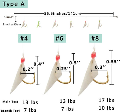 Sabiki rig size chart showing hook sizes #4, #6, #8 with line test strength for saltwater bait rigs.