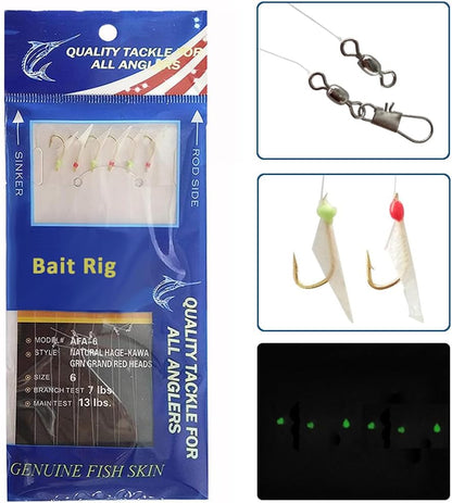 Sabiki rig packaging with close-up of swivels, sharp hooks, and glow-in-the-dark effect for saltwater fishing.