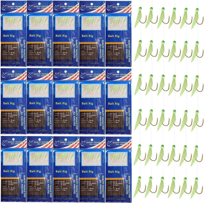 15-pack sabiki rigs with green luminous hooks and real fish skin, ideal for catching pinfish, greenbacks, and pilchards in saltwater.