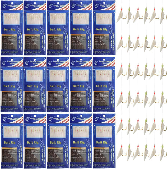 15-pack sabiki rigs with luminous hooks and real fish skin, great for catching pinfish, greenbacks, and pilchards in saltwater.
