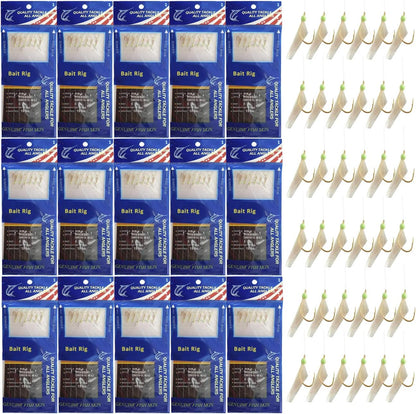 15-pack bulk set of sabiki rigs with luminous hooks and real fish skin for saltwater bait fishing.