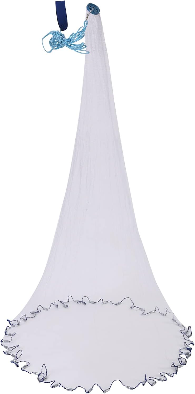 Full view of saltwater fishing cast net with 4ft and 6ft radius options, zinc sinkers, and 3/8 inch mesh for catching baitfish