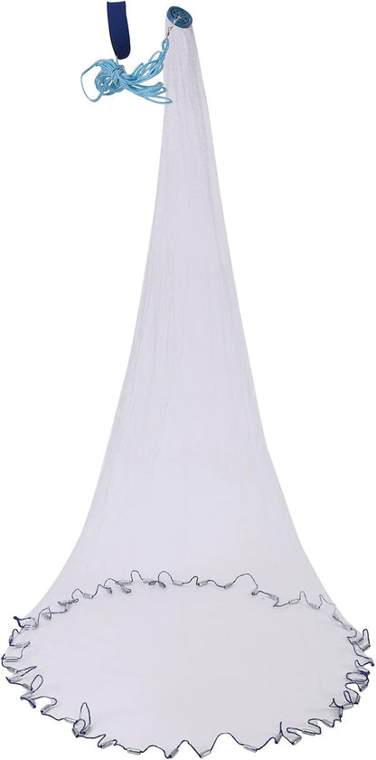 Full view of saltwater fishing cast net with 4ft and 6ft radius options, zinc sinkers, and 3/8 inch mesh for catching baitfish