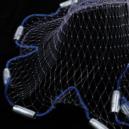Close-up of saltwater fishing cast net showing durable 3/8 inch mesh and heavy-duty zinc sinkers for quick sinking