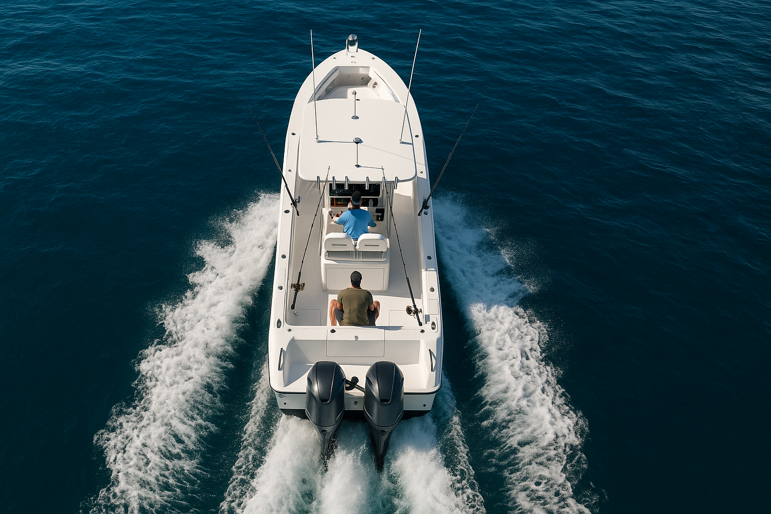 Aerial view of a saltwater fishing boat trolling with multiple anglers and rods in the ocean – Outshore Gear banner image