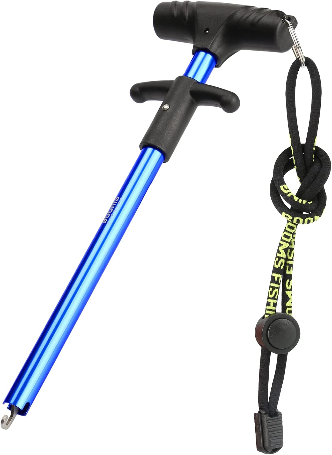 Blue anodized aluminum saltwater fishing hook remover with ergonomic grip handle and wrist lanyard for safe hook removal
