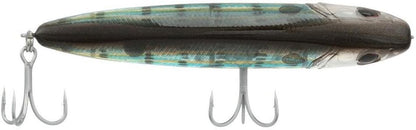 Angled view of saltwater topwater walking bait showing reflective finish