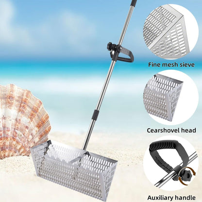 Stainless steel sand flea rake with fine mesh basket and auxiliary handle for collecting live bait on the beach