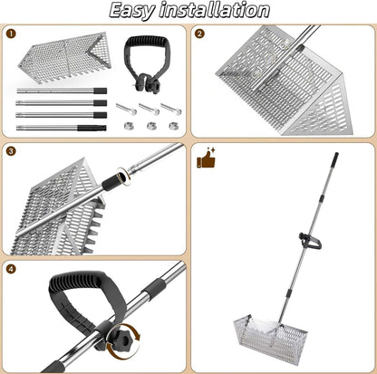 Step by step installation of stainless steel sand flea rake with detachable handle and basket for fishing bait collection