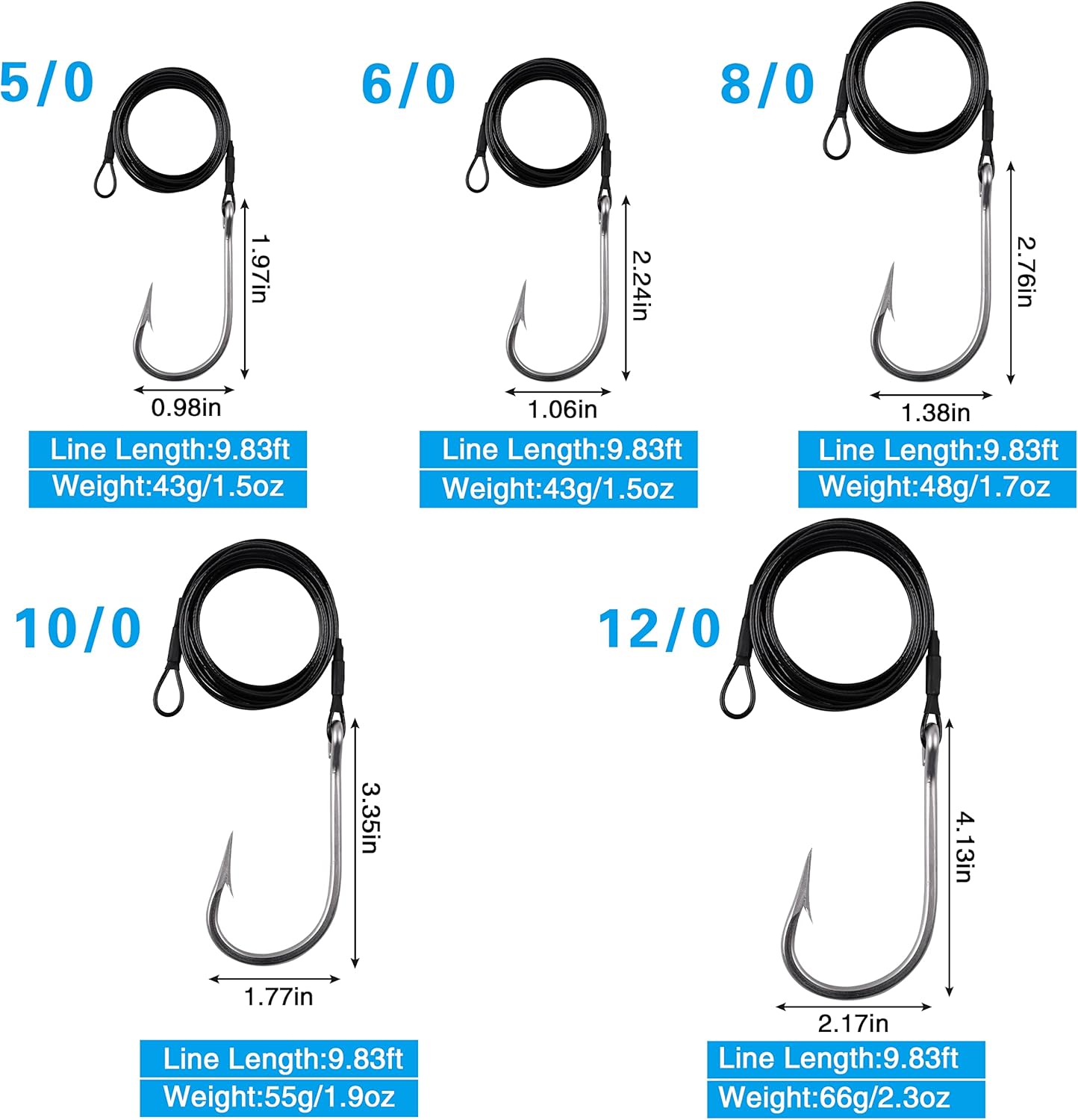 Assorted sizes of shark fishing rigs with stainless steel hooks and leaders