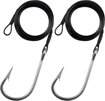 Two shark fishing rigs with stainless steel hooks and heavy-duty wire leaders