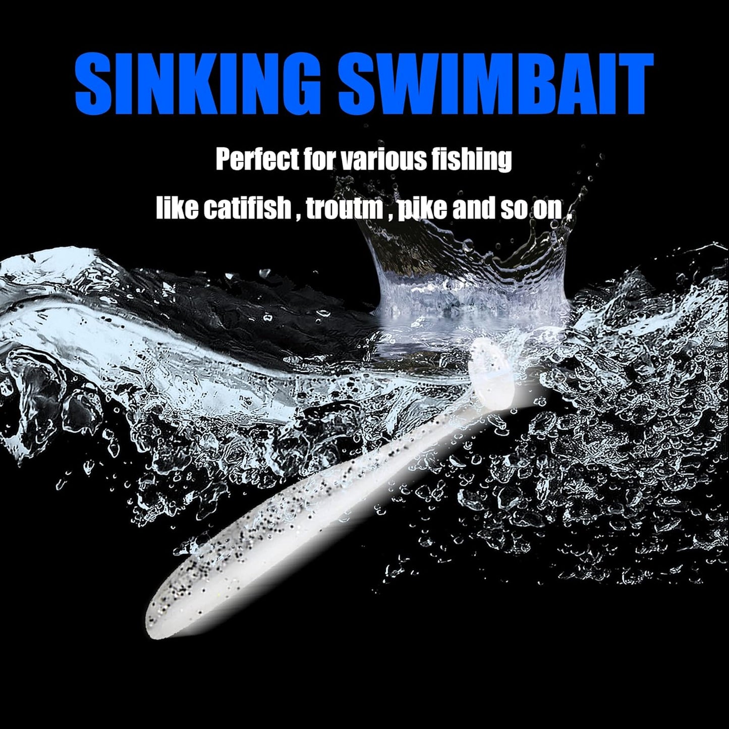 White sinking paddle tail swimbait splashing into water, designed for catfish, trout, pike, and other species.