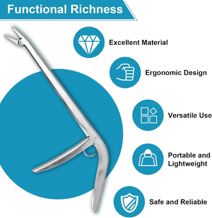 Stainless steel fishing hook remover tool showing ergonomic design, lightweight build, versatile use, and safe operation