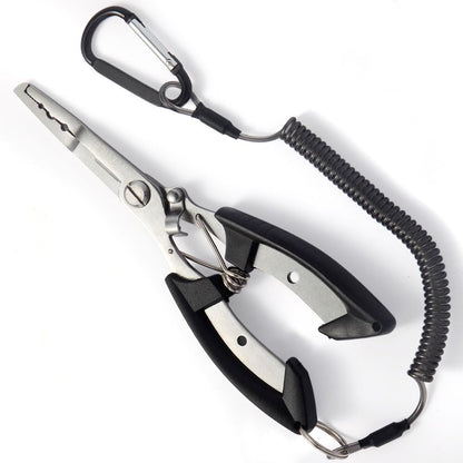 Stainless steel fishing pliers with ergonomic grip, line cutter, and coiled lanyard for saltwater fishing