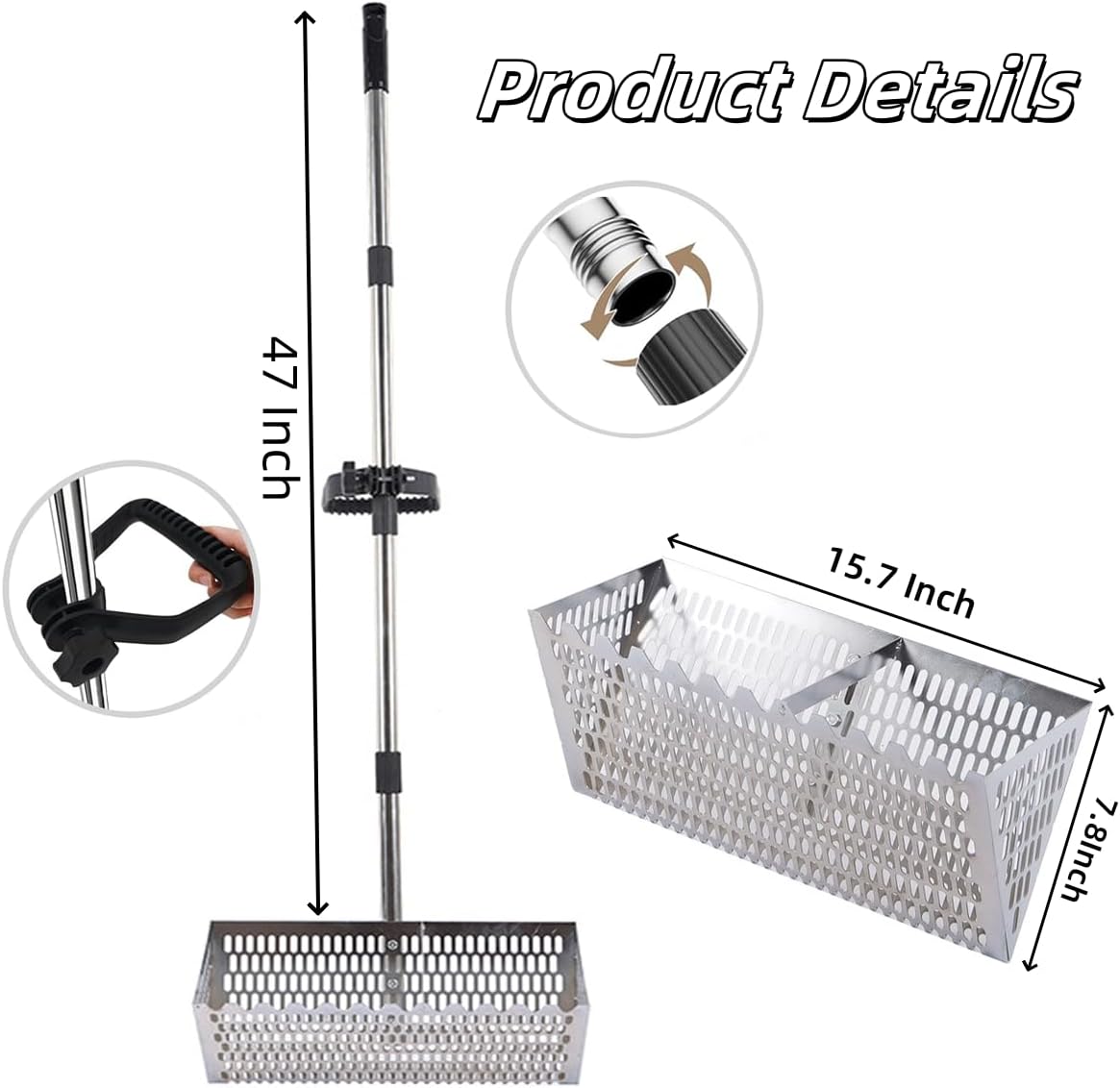 Stainless steel sand flea rake with 47 inch detachable handle and 15.7 inch wide basket for catching sand fleas as fishing bait