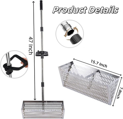 Stainless steel sand flea rake with 47 inch detachable handle and 15.7 inch wide basket for catching sand fleas as fishing bait
