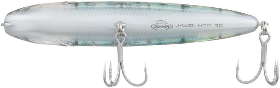 Profile of J-Walker topwater lure with treble hooks and holographic body